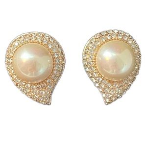 Vintage Christian Dior Tear Drop Gold Plated Faux Pearl Rhinestone Earrings Clip